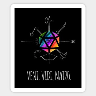 Veni. Vidi. Nat20. - rainbow & white - LGBTQ+ ttrpg dice Sticker